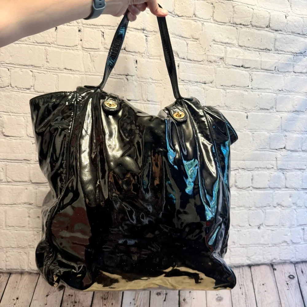 Barneys New York black glossy patent leather extra large tote bag carryall